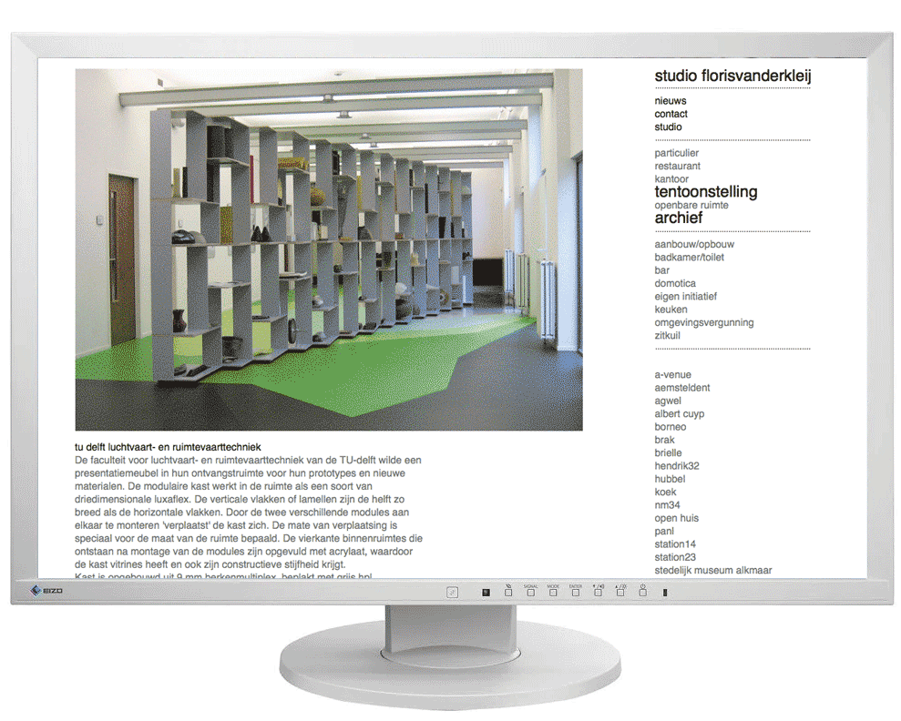 floris van der kleij, architect. Website-ontwerp waar in rechterkolom trefwoorden die bijgetoond project horen uitgelicht worden.